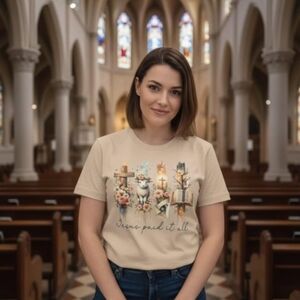 Beige Graphic T-Shirt with Religious Design